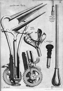 Gynekologi: Plate som representerer et spekulum. Gravering av Girolamo Fabrici i "" Opera Surgical"", Padua av Hieronymus Fabricius ab Aquapendente