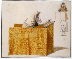 Akvarell, fjær, 27 x 33 cm. Rabbiner i en synagoge, tegning av Hieronymus Hess (1799 - 1850), prosjekt for figur. (JM 1190) Jødisk museum Basel, Sveits. av Hieronymus Hess