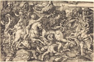 Kamp mellom ryttere og fotsoldater av Hieronymus Hopfer after Raphael