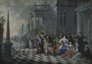 Karakterer som lager musikk foran et palass, 1672