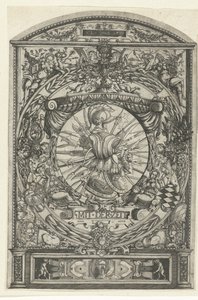 Medaljong med våpentrofé i ornamental ramme av Hieronymus Wechinger