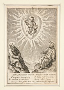 Spedbarnet med et flammende hjerte mellom Ignatius av Loyola og Francis Xavier av Hieronymus Wierix