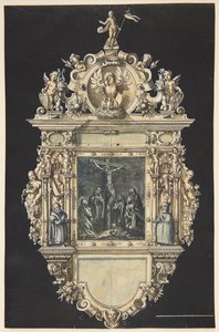 Utkast til et epitafium med Kristi korsfestelse. En rikt ornamentert ramme med tallrike figurer av Hieronymus Wierix