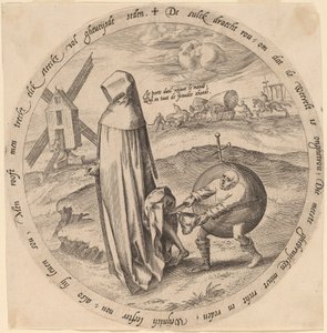 Misantropen ranet av verden av Hieronymus Wierix after Pieter Bruegel the Elder