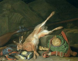 Stilleben av en hare med jaktutstyr (for par se 93439)