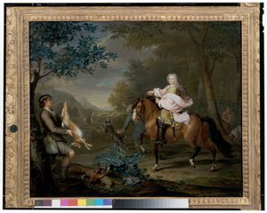 En gentleman på hesteryggen med jegere i et omfattende landskap av Hieronymus van der Mij