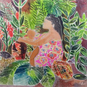 Potter in the Tropics (farget blekk på silke) av Hilary Simon