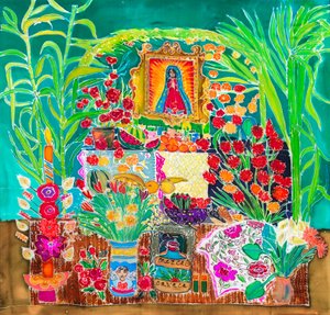 Shrine, Day of the Dead, Oaxaca, 2023 (fargestoffer på silke) av Hilary Simon