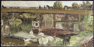 Swans, Cookham Bridge (olje på lerret) av Hilda Carline