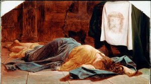 Saint Veronica Den unge kvinnen besvimer nær det hellige likkledet. Det hellige slør representerer ansiktet til Kristus hvis svette Veronique ble sagt å ha vært svett under klatringen til Golgata. Maleri av Paul Delaroche (1797-1856) 1800-tallet Søn. 28x49