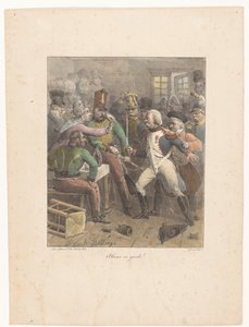 To soldater krysser sverd på en pub Vær på vakt! (tittel på objekt) Litografiske skisser (serietittel) Croquis lithographiques (serietittel)