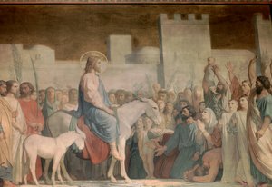 Kristi inngang til Jerusalem på palmesøndag: innbyggerne hilser ham med glede ved å spre klærne sine på gulvet og bære olivengrener. Detalj av en freske av Hypolithe Flandrin (1809-1864) Saint Germain des Pres-kirken fra 1800-tallet, Paris