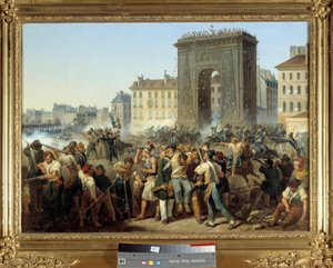 Slaget ved porten Saint Denis 28. juli 1830 Parisisk opprør under revolusjonen i 1830 eller Trois Glorieuses. Maleri av Hippolyte Lecomte (1781-1857). 1830. Dim. 0,43 x 0,60 m. Paris, Musee Carnavalet - Kamp ved Porte Saint Denis, 28. juli 1830
