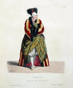 Den franske skuespilleren Henri Louis Cain kalte Lekain eller Le Kain (1729-1778) i rollen som Orosmane i Voltaires skuespill Zaire (1694-1746) ved den franske komedie. Litografi av Hippolyte Lecomte (1781-1857) privatsamling fra 1800-tallet