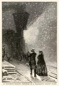 En enorm skygge, innledet av et flimrende gult gjenskinn, fra Around the World in Eighty Days av Jules Verne (1828-1905) gravert av Adolphe François Pannemaker (1822-1900), 1873 av Hippolyte Leon after Benett
