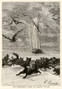 Og noen ganger en flokk med prærieulver, fra Around the World in Eighty Days av Jules Verne (1828-1905) gravert av Louis, 1873