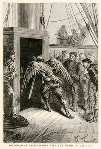 Etterfulgt av Passepartout med vingene på ryggen, fra Jorden rundt på åtti dager av Jules Verne (1828-1905), gravert av Adolphe François Pannemaker (1822-1900), 1873 av Hippolyte Leon after Benett