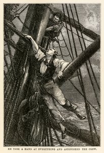 Han tok en hånd på alt og overrasket mannskapet, fra Jorden rundt på åtti dager av Jules Verne (1828-1905) gravert av Henri-Théophile Hildebrand (1824-97), 1873 av Hippolyte Leon after Benett