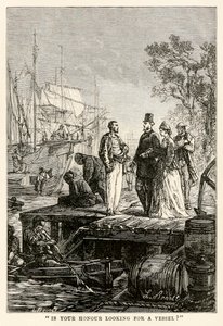 Er din ære på jakt etter et fartøy?, fra Around the World in Eighty Days av Jules Verne (1828-1905), gravert av Louis Prevost, 1873 av Hippolyte Leon after Benett