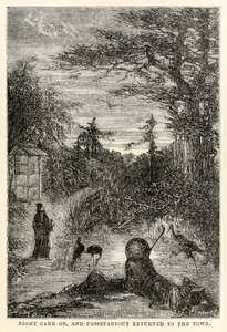 Natten kom, og Passepartout kom tilbake til byen, fra Around the World in Eighty Days av Jules Verne (1828-1905), gravert av Louis Prevost, 1873 av Hippolyte Leon after Benett