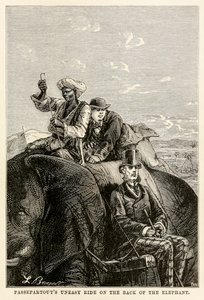 Passepartouts ri urolig på ryggen av elefanten, fra Around the World in Eighty Days av Jules Verne (1828-1905) gravert av Adolphe François Pannemaker (1822-1900) 1873