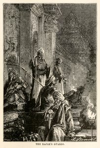 Rajahs-vaktene, fra Around the World in Eighty Days av Jules Verne (1828-1905), gravert av Adolphe François Pannemaker (1822-1900), 1873 av Hippolyte Leon after Benett
