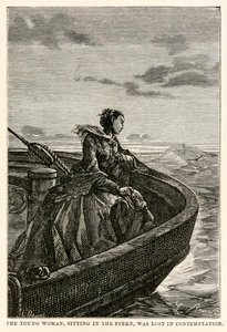 Den unge kvinnen, som satt i hekken, gikk tapt i kontemplasjon, fra Around the World in Eighty Days av Jules Verne (1828-1905), gravert av Jean Louis Prevost, (1790-1850), 1873