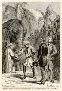 Der befant de seg i nærvær av et dyr, fra Around the World in Eighty Days av Jules Verne (1828-1905), gravert av Adolphe François Pannemaker (1822-1900), 1873 av Hippolyte Leon after Benett