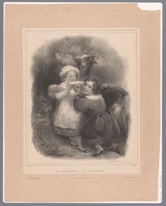 To barn med en geit drikker geitemelk La Campagne / Country (tittel på objekt) av Hippolyte Louis Garnier