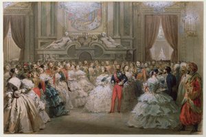 Dronning Victoria (1819-1901) og prins Albert (1819-61) på en gallamiddag gitt av Napoleon III og Eugenie, 1853 (wc på papir)