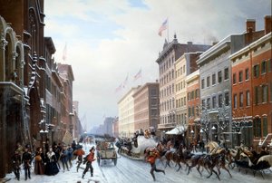 En gate fra Manhattan til New York i 1840 Maleri av Hippolyte Victor Valentin Sebron (1801-1879) 1840 Søn. 2,25 X 3,30 m Blerancourt. Musee Franco American - Street på Manhattan, New York