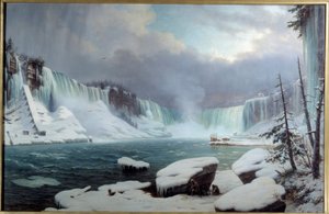 Den store Niagara-katarakten, vintereffekt. Utsikt over Niagara Falls. Maleri av Hippolyte Victor Valentin Sebron (1801-1879)