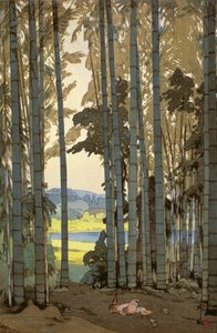 Høner i bambus (farget treblokktrykk) av Hiroshi Yoshida