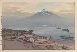 Fredelig Rishiri (treblokktrykk på papir) av Hiroshi Yoshida
