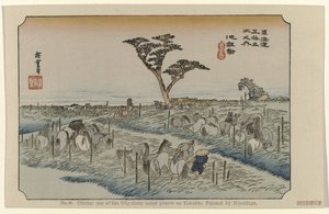 Chiryu No. 40. Chiriu: one of the fifty-three noted places on Tokaido, painted by Hiroshige (title on object) De Tôkaidô van Hiroshige (series title) Hiroshige no fude Tôkaidô (series title on object)   1341014   no       norwegian Successfully Translated  av Hiroshige (I) , Utagawa
