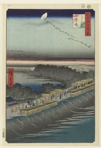 Utsikt over Nihonddijk ved Yoshiwara Yoshiwara Nihonzutsumi (tittel på objekt) Hundre kjente ansikter på Edo (serietittel) Meisho Edo hyakkei (serietittel på objekt) av Hiroshige (I) , Utagawa