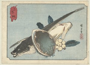 Flatfisk, abalone og bær Kochi awabi (tittel på objekt) av Hiroshige (I) , Utagawa