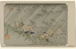 Shono nr. 46. Shono: en av de femtitre kjente stedene på Tokaido, malt av Hiroshige (tittel på objekt) De Tôkaidô van Hiroshige (serietittel) Hiroshige no fude Tôkaidô (serietittel på objekt) av Hiroshige (I) , Utagawa