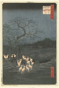 Foxfires på nyttårsaften ved Shozoku Nettle Tree i Oji Oji Shozoku enoki omisoka no kitsunebi (tittel på objekt) Hundre kjente ansikter på Edo (serietittel) Meisho Edo hyakkei (serietittel på objekt)
