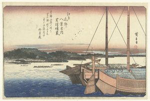 Solnedgang ved Shiba Beach Shibaura no seiran (tittel på objekt) Åtte utsikter over Edo-området (serietittel) Edo kinko hakkei no uchi (serietittel på objekt) av Hiroshige (I) , Utagawa