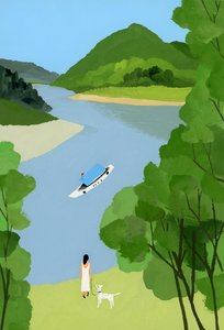 En kvinne ser på skipet. av Hiroyuki Izutsu