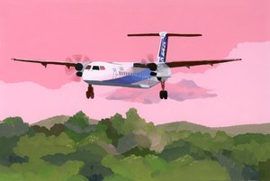 Fly som lander på en liten flyplass, 2015 (gouache på papir) av Hiroyuki Izutsu