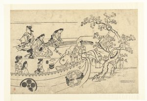 Musikkskapende selskap under et kirsebærtre Ser på Cherry Blossoms in Ueno (serietittel) Ueno hanami no tei (serietittel) av Hishikawa Moronobu (attributed to)