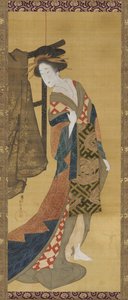 En kurtisane som står nær et klesstativ, Edo-periode, tidlig på 1800-tallet.