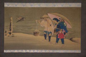 Monkey Showman and Porter in the Snow, 1800-tallet. av Hokuga