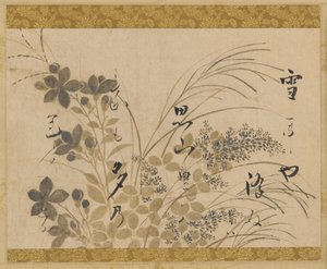 Blomster, gress og et dikt, Edo-perioden, 1615-1637.