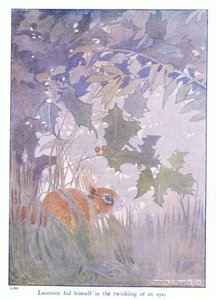 Laurence gjemte seg på et øyeblikk, illustrasjon fra 'More About the Squirrels' av Eleanor Tyrell, ca. 1915 (farge litho)