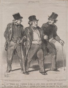 Aktualiteter (nr. 7): Det ser ut til at jeg legger merke til en liten hund der som ikke har munnkurv!...Tenk ingenting på det, herr Rohichon; hvis det nærmer seg, kaster jeg snusboksen i øynene på den! av Honoré Daumier