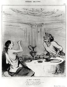 Antikkens historie: Anacreons død, karikatur for å illustrere et utdrag fra badine-verkene til Jacques-Benigne (Jacques Benigne) Bossuet (1627-1704): "Mellom ost og pære, denne sangeren elsker folatrait etter å ha drukket, når en uheldig pepepei av Honoré Daumier