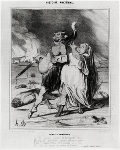 Eldgammel historie: Menelas-vinner, karikatur for å illustrere et utdrag fra Iliaden av Homere: «På de røykfylte vollene til det fantastiske Troja, Menelas, gudenes sønn, henfører som et rikt bytte sin blonde Helene og tar henne med til hoffet Mer vakker e av Honoré Daumier